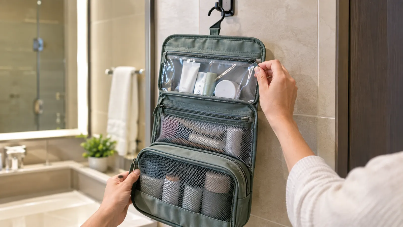 A hanging toiletry bag open and hanging from a hook, with a hand zipping one of its clear compartments