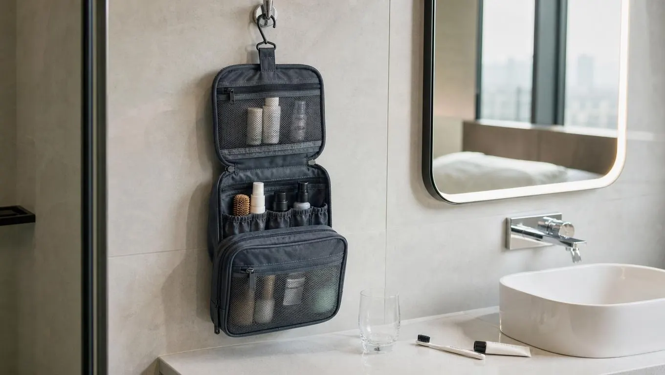 A hanging toiletry bag hanging from a hook beside a sink in a bright hotel bathroom, with a toothbrush and a small tube on the counter below