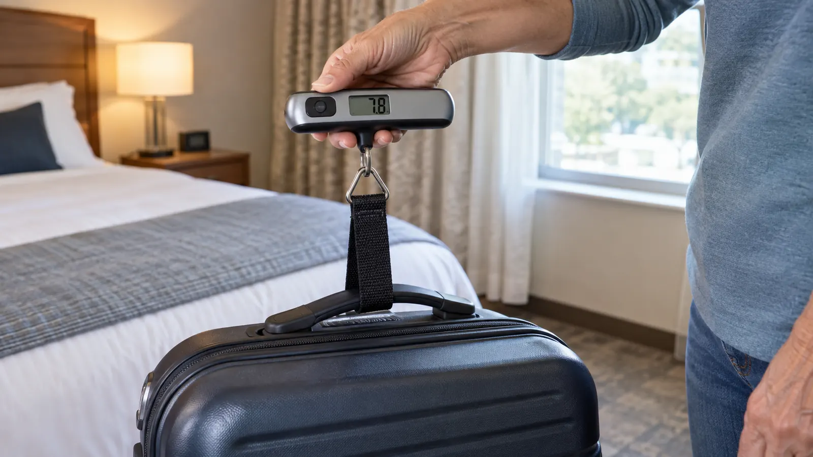 A close view of a hand lifting a suitcase with a small luggage scale in a hotel room
