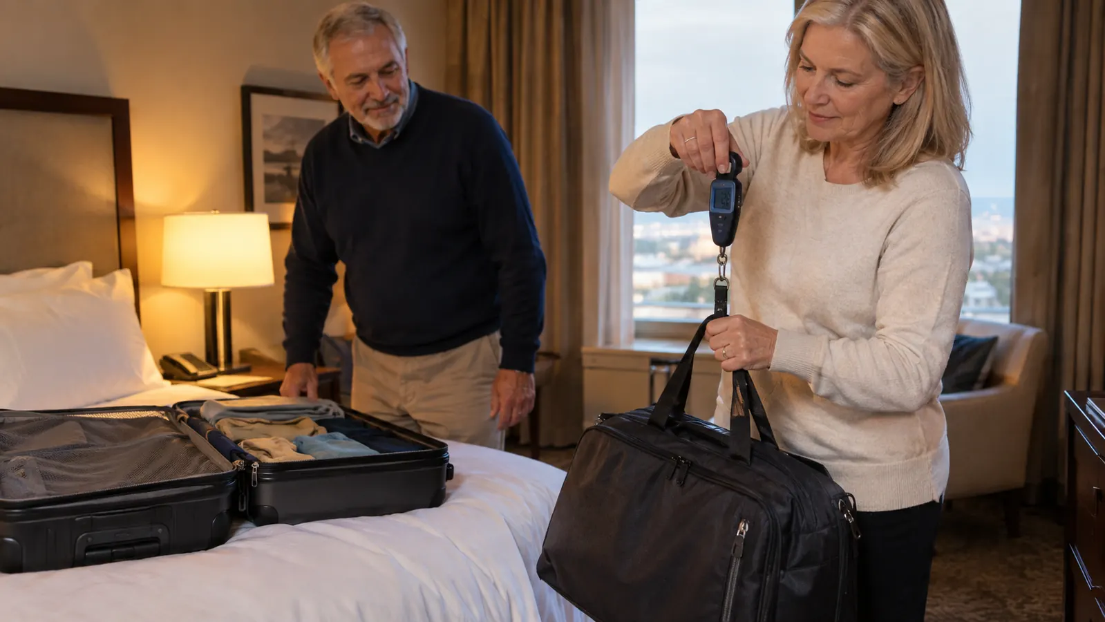 An older couple in a hotel room, one suitcase open on the bed and one person holding a small luggage scale