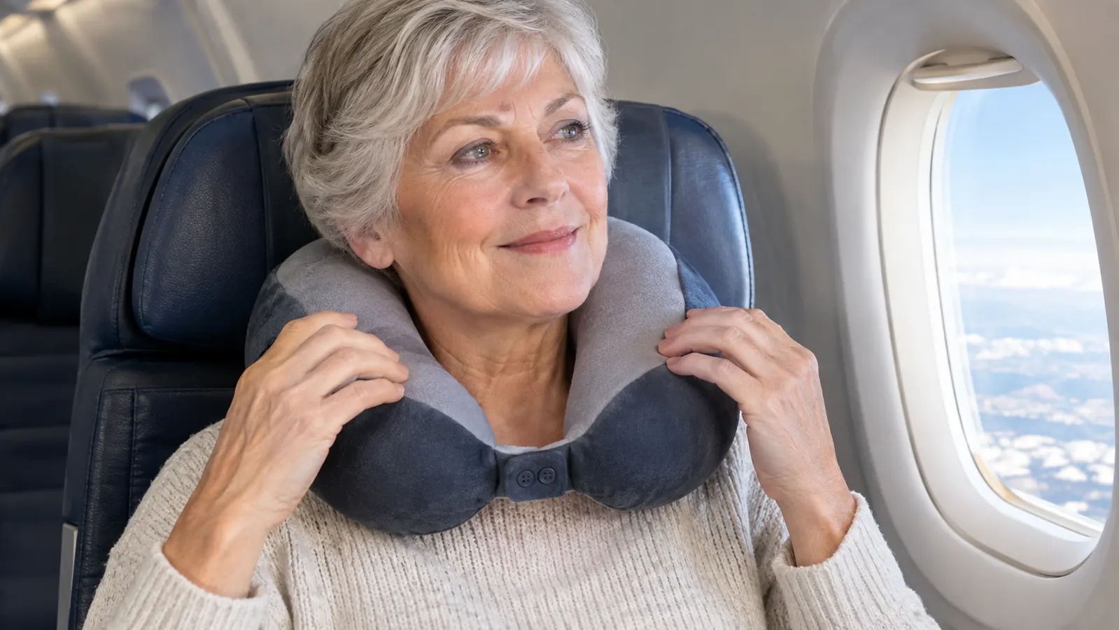 A traveler adjusting a memory foam neck pillow before settling into a seat