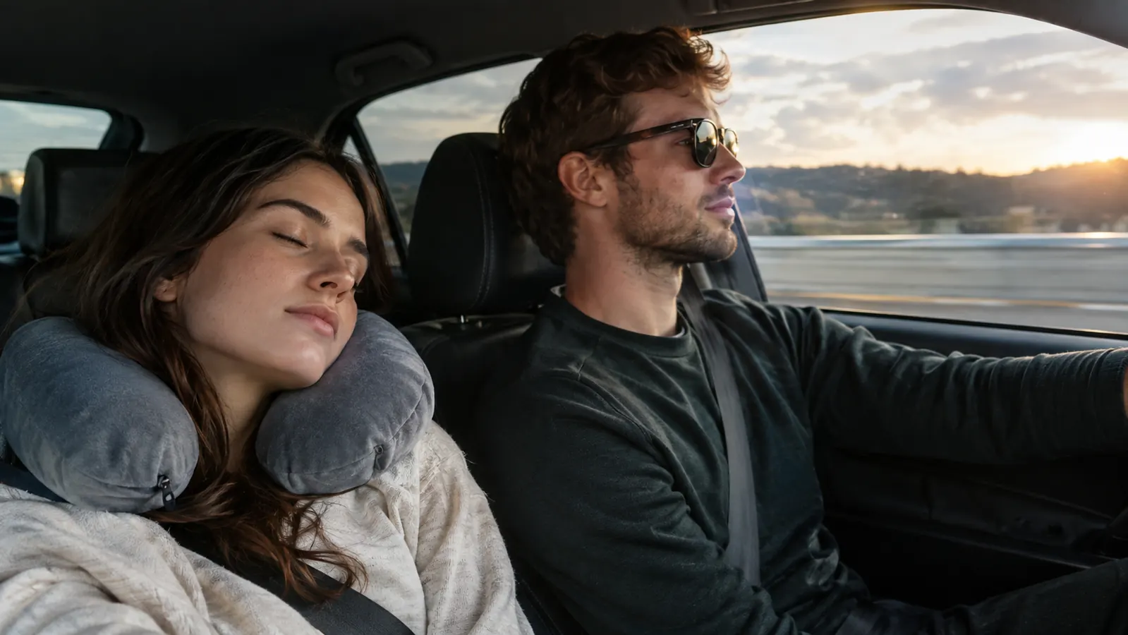 A couple in a car, the passenger resting against a neck pillow during a long drive