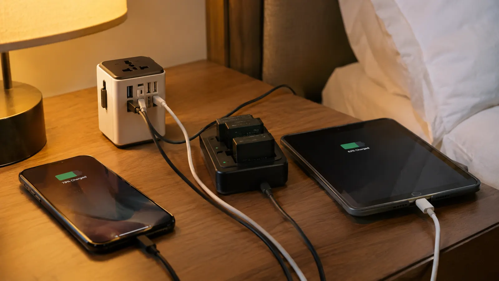 A travel adapter on a hotel nightstand with a phone, a camera battery charger and a tablet plugged into it at the same time