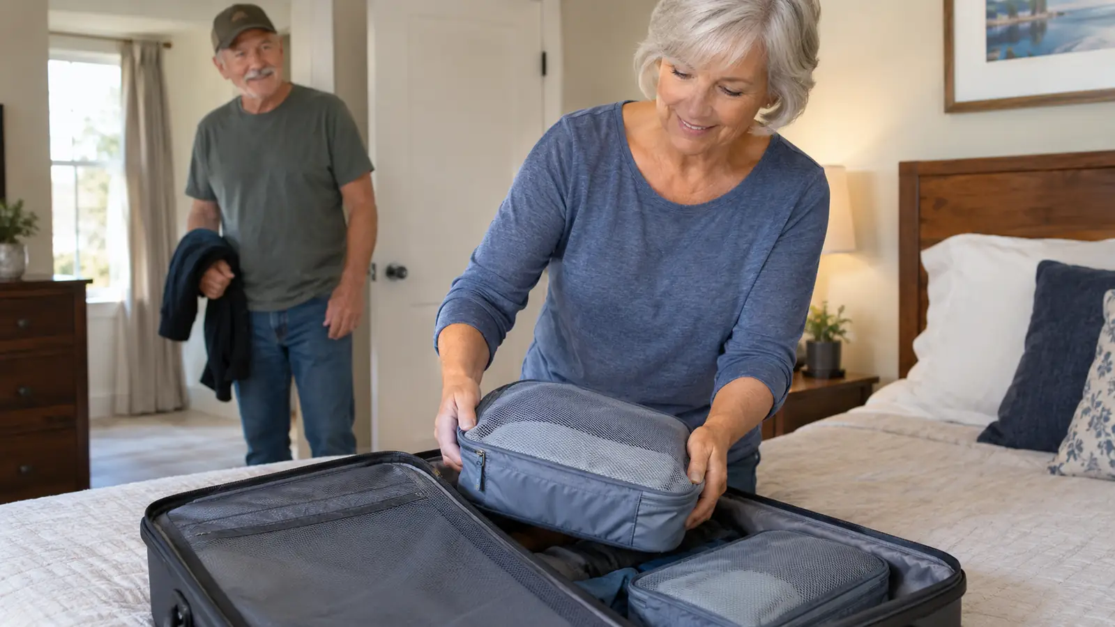 A woman in her sixties placing a packing cube into an open suitcase on a bed