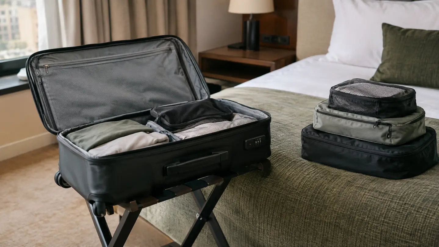 A suitcase open on a hotel luggage stand with packing cubes stacked beside it
