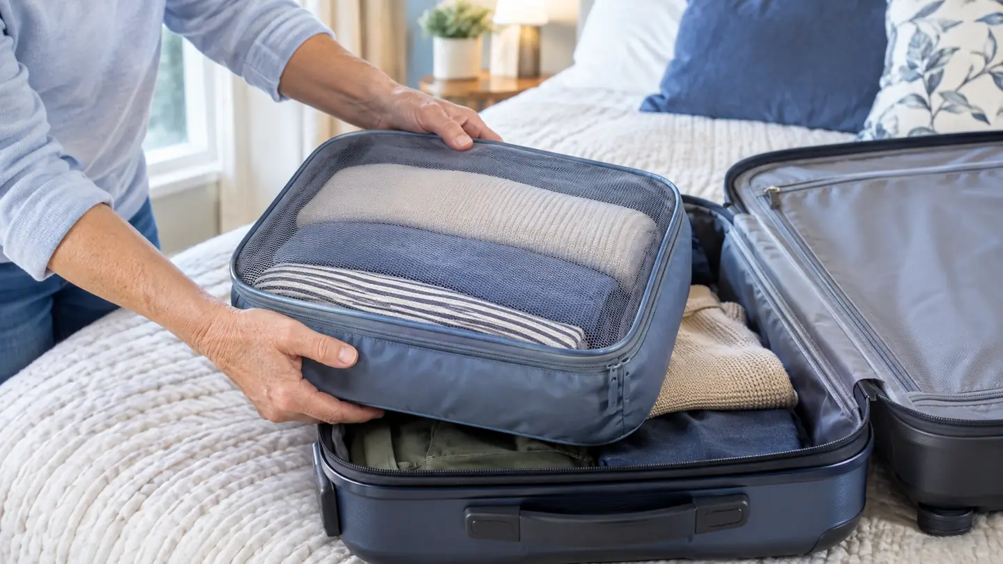 A hand placing a packing cube into an open suitcase on a bed