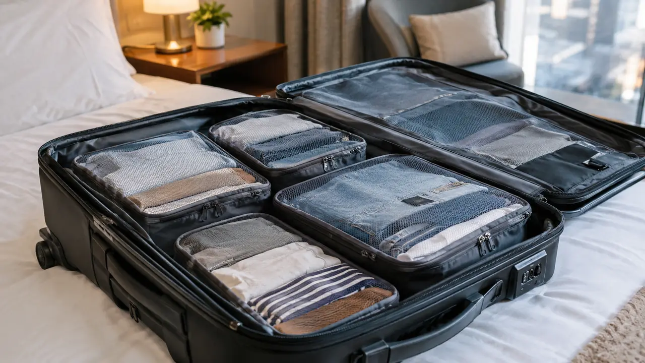 A neatly packed suitcase with several packing cubes arranged in rows