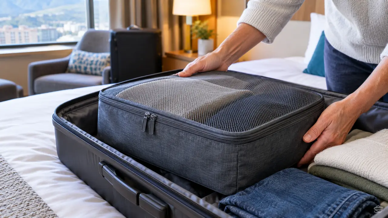 Hand placing a packing cube into an open suitcase next to folded clothes