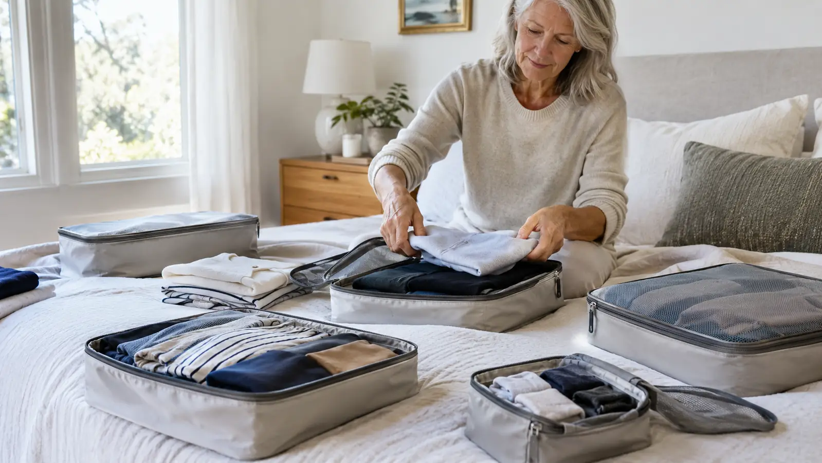 Packing cube set laid out on a bed in several sizes, a woman sorting clothes into them