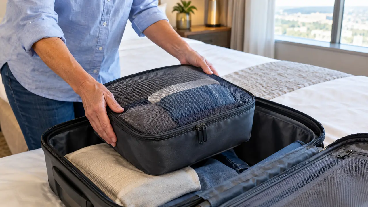A hand places a packing cube into an open suitcase on a bed