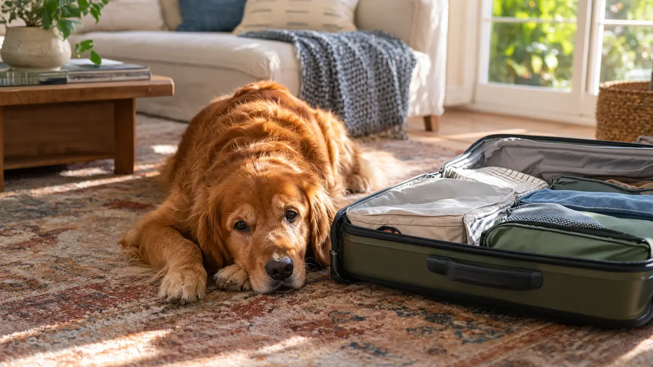 A large dog lies on a rug beside an open suitcase with packing cubes inside