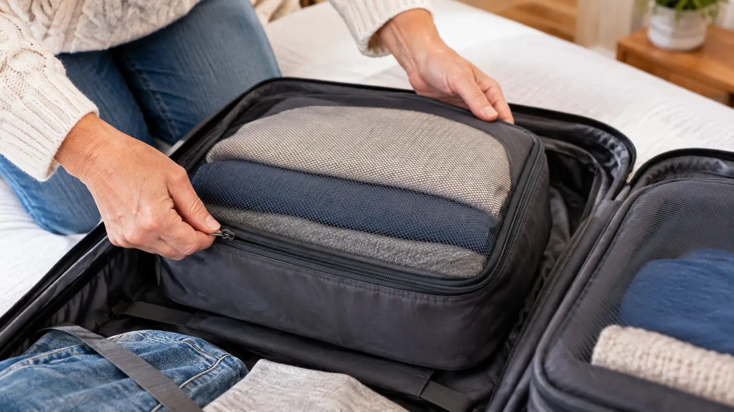 A hand zipping a packing cube closed on top of clothes inside a suitcase