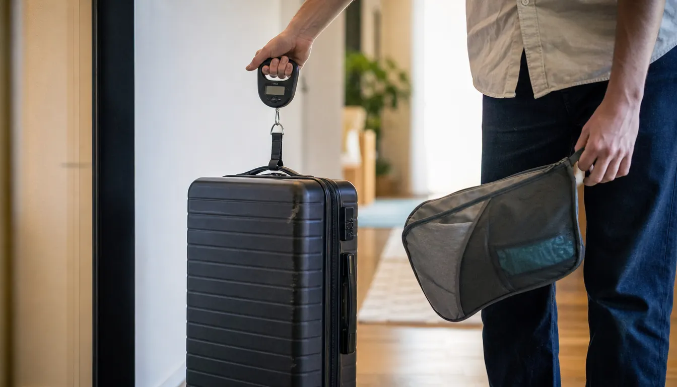 A suitcase on a luggage scale with a hand holding a packing cube beside it