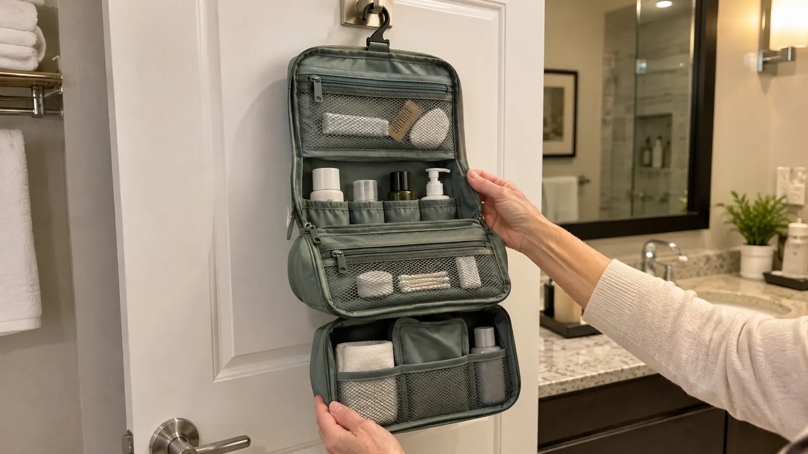 A hanging toiletry bag with open compartments hangs from a hook on a bathroom door