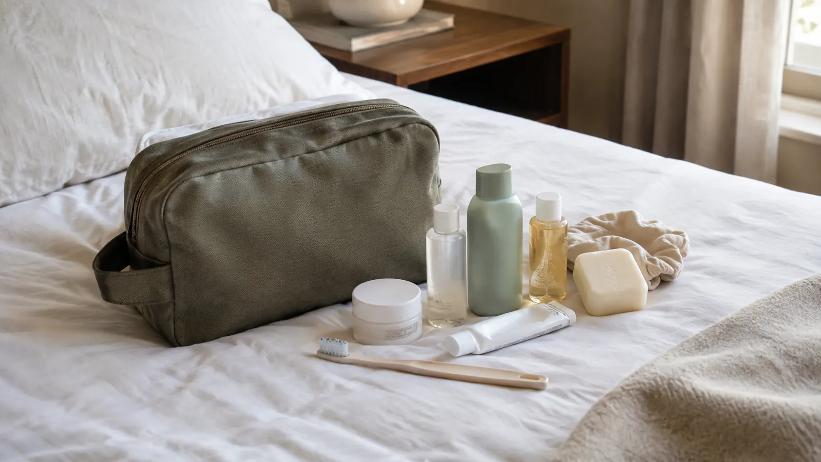 A toiletry bag laid flat on a bed with its contents spread out beside it
