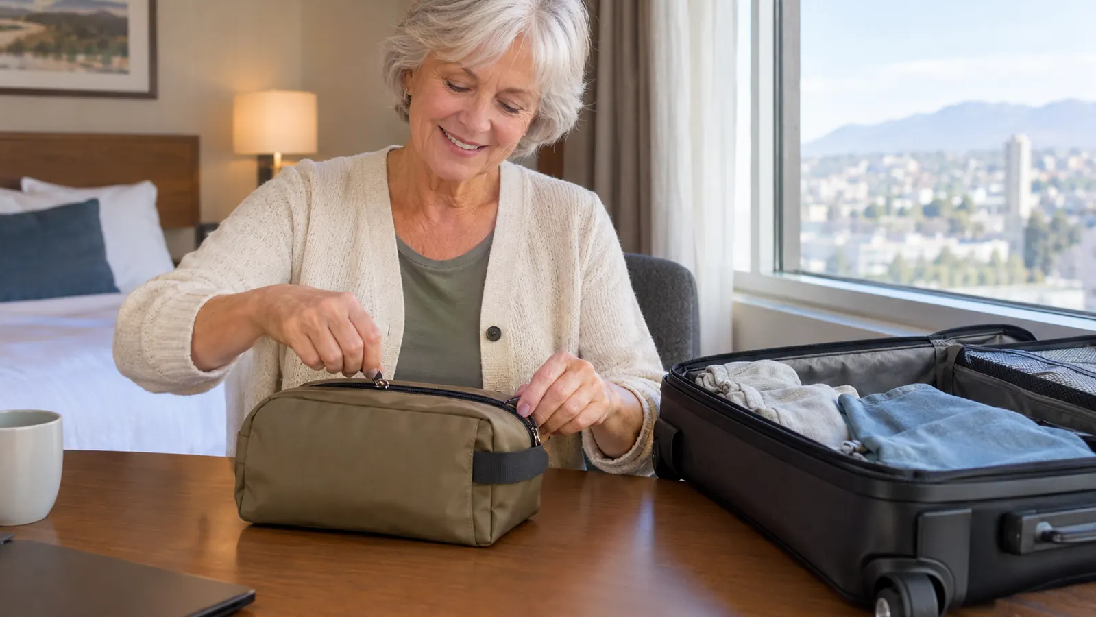 A fully dressed woman in her sixties packs a hanging toiletry bag on a hotel room desk next to her open carry-on suitcase
