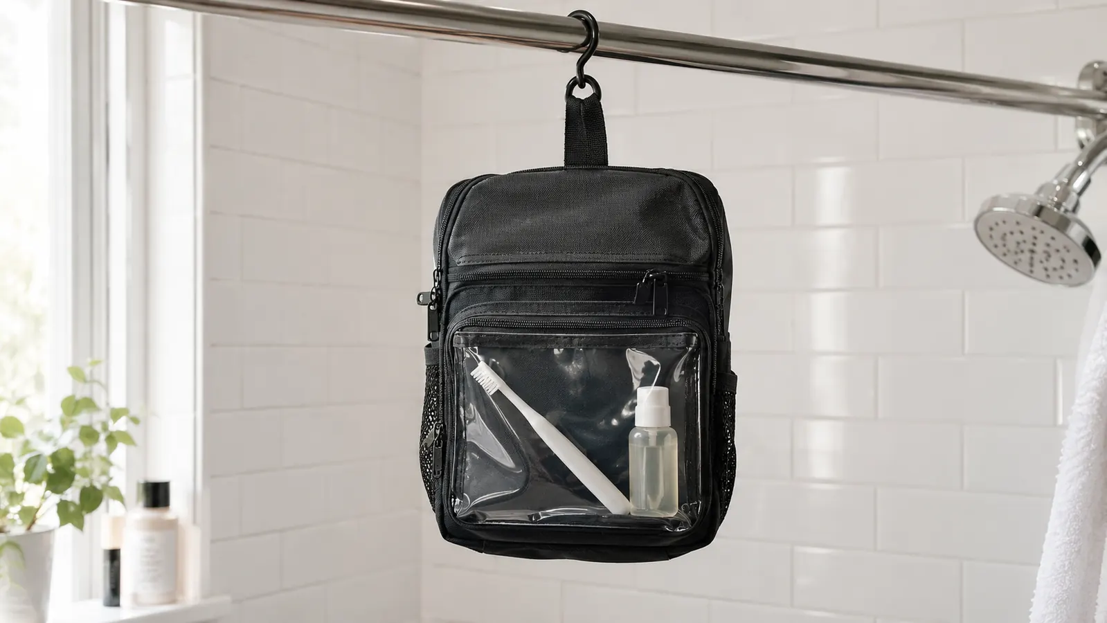 A hanging toiletry bag hangs from a shower rod in a bright bathroom, with a clear front pocket showing a toothbrush and a small bottle