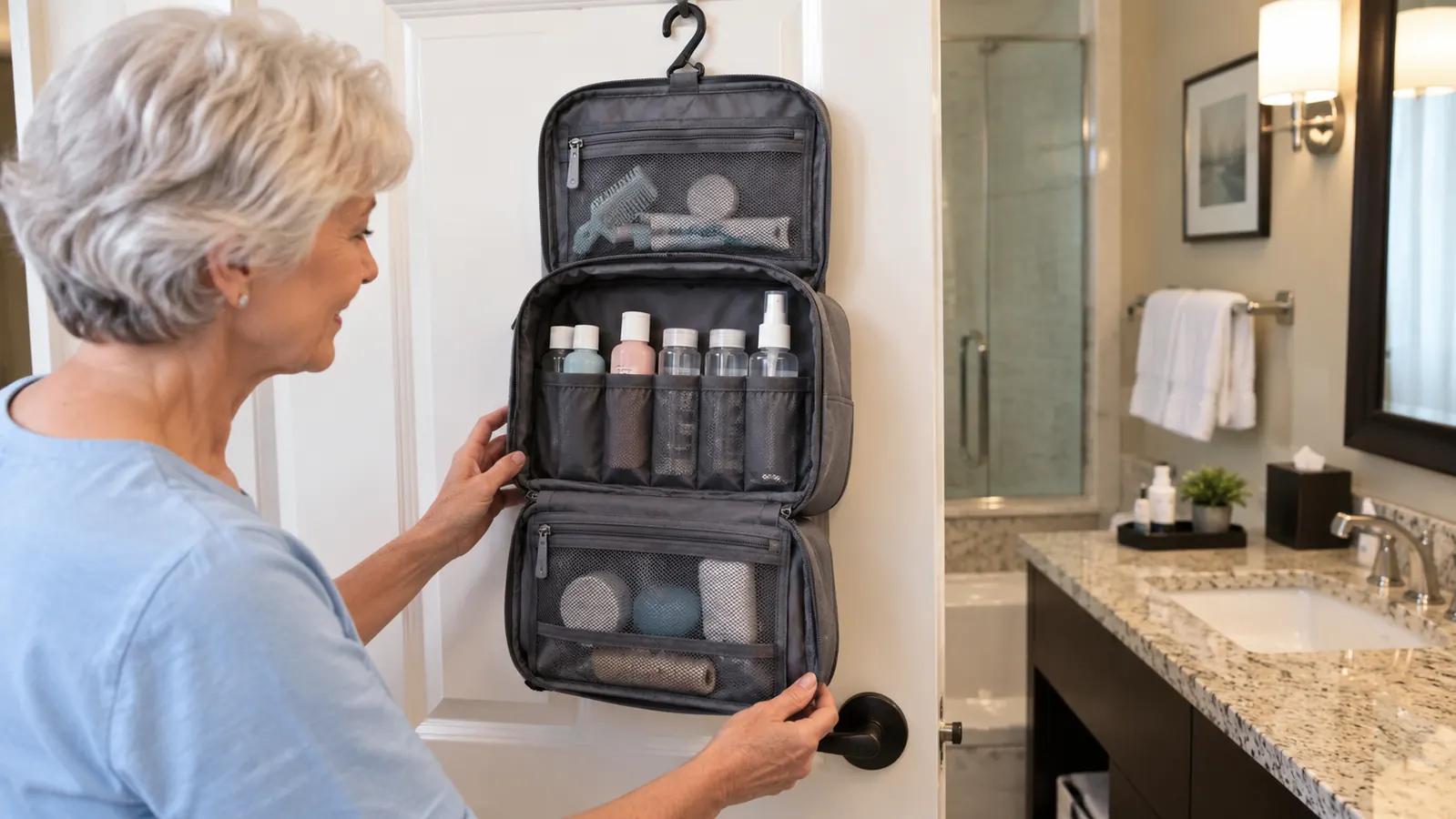 A hanging toiletry bag with a hook over a bathroom door, open to show organized bottles and pouches