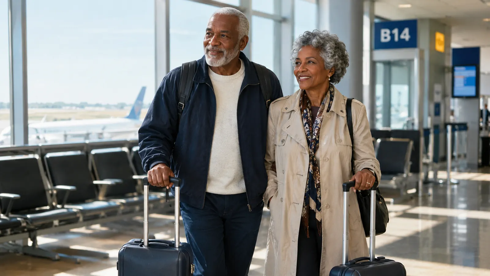 A couple in their sixties at an airport gate with a carry-on suitcase