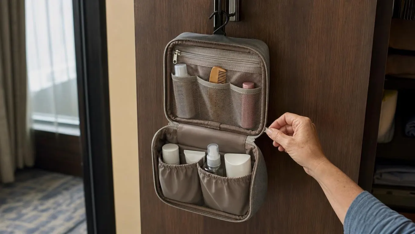 A hand unzipping a hanging toiletry bag on the back of a hotel door, its pockets open.