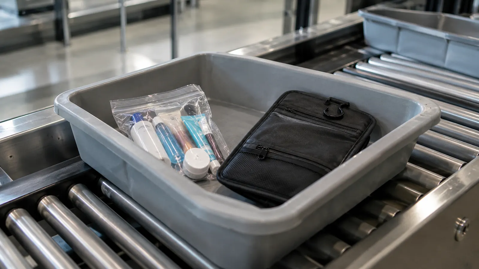 An airport security bin holding a small clear plastic bag of toiletries next to a folded hanging toiletry bag.