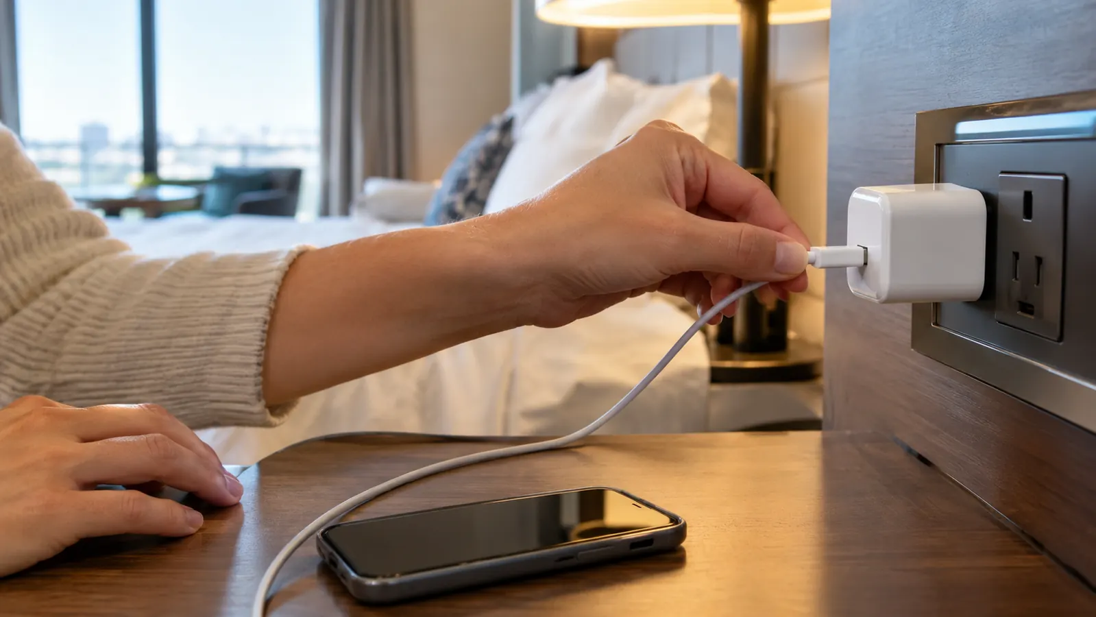 A hand plugging a phone charging cable into a universal travel adapter on a hotel nightstand