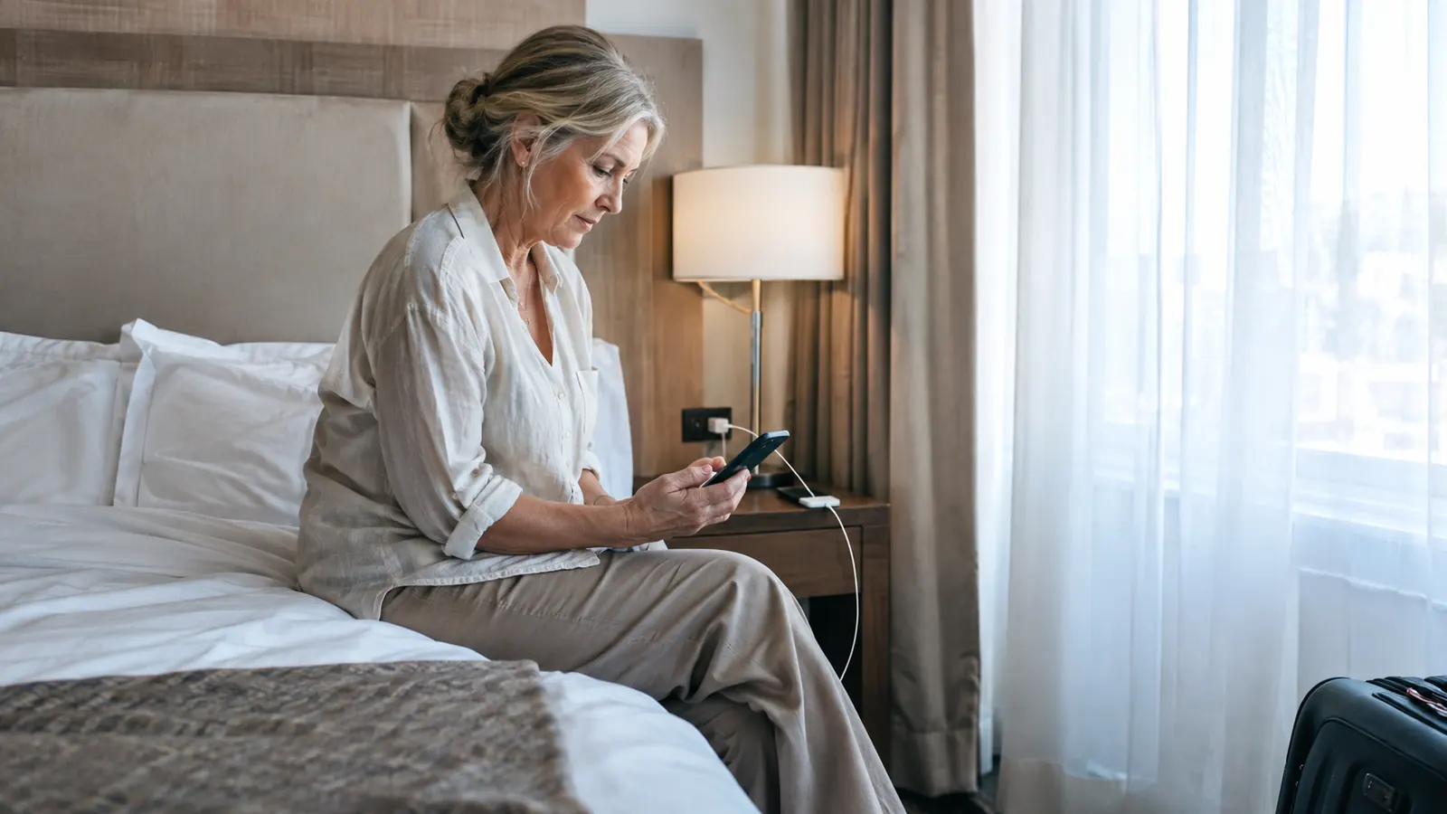 A woman in her sixties sitting on the edge of a hotel bed looking at her phone while it charges on the nightstand