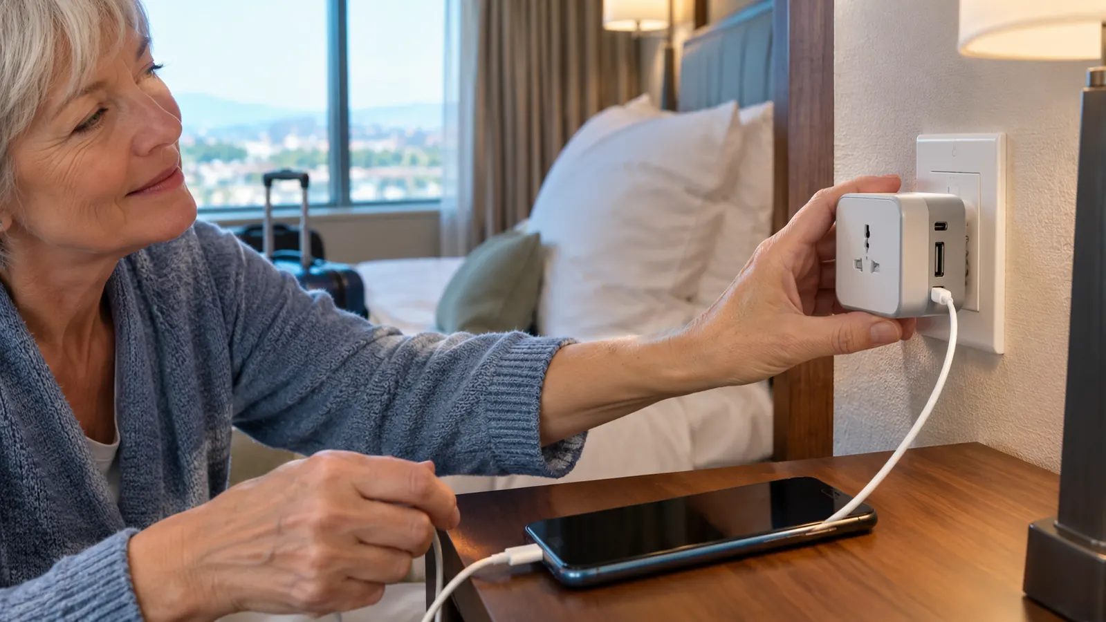 A hand holding a small travel adapter with several ports, plugged into a wall outlet in a hotel room