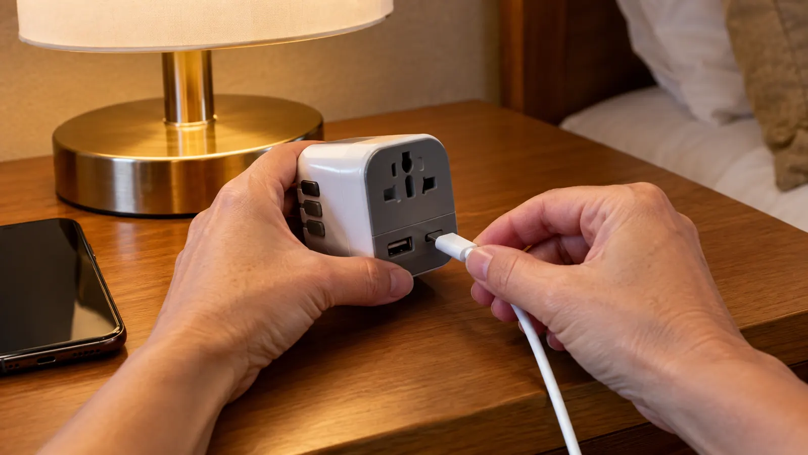A hand plugging a phone cable into a compact travel adapter on a hotel desk beside a lamp