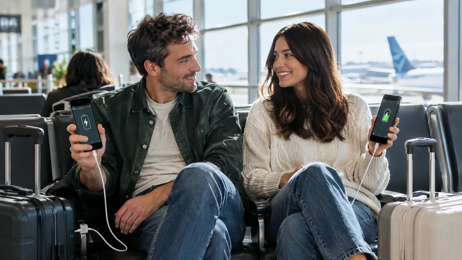 A couple at an airport gate, each holding a phone, both phones showing a charging symbol, carry-on bags at their feet