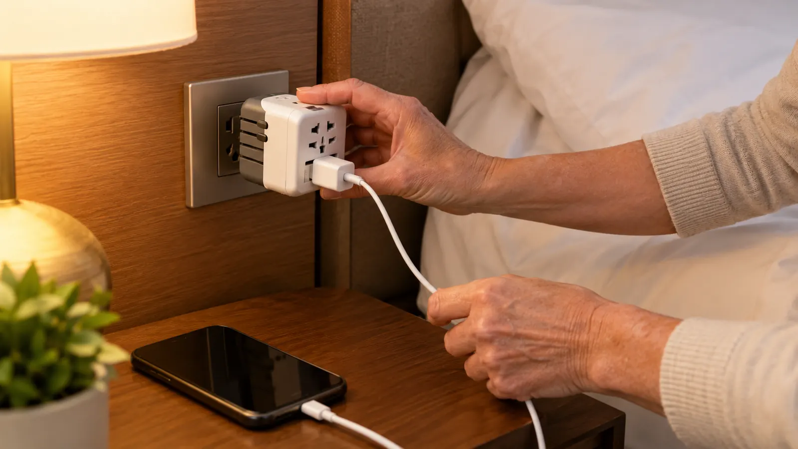 A hand plugging a universal travel adapter into a wall outlet beside a hotel bed