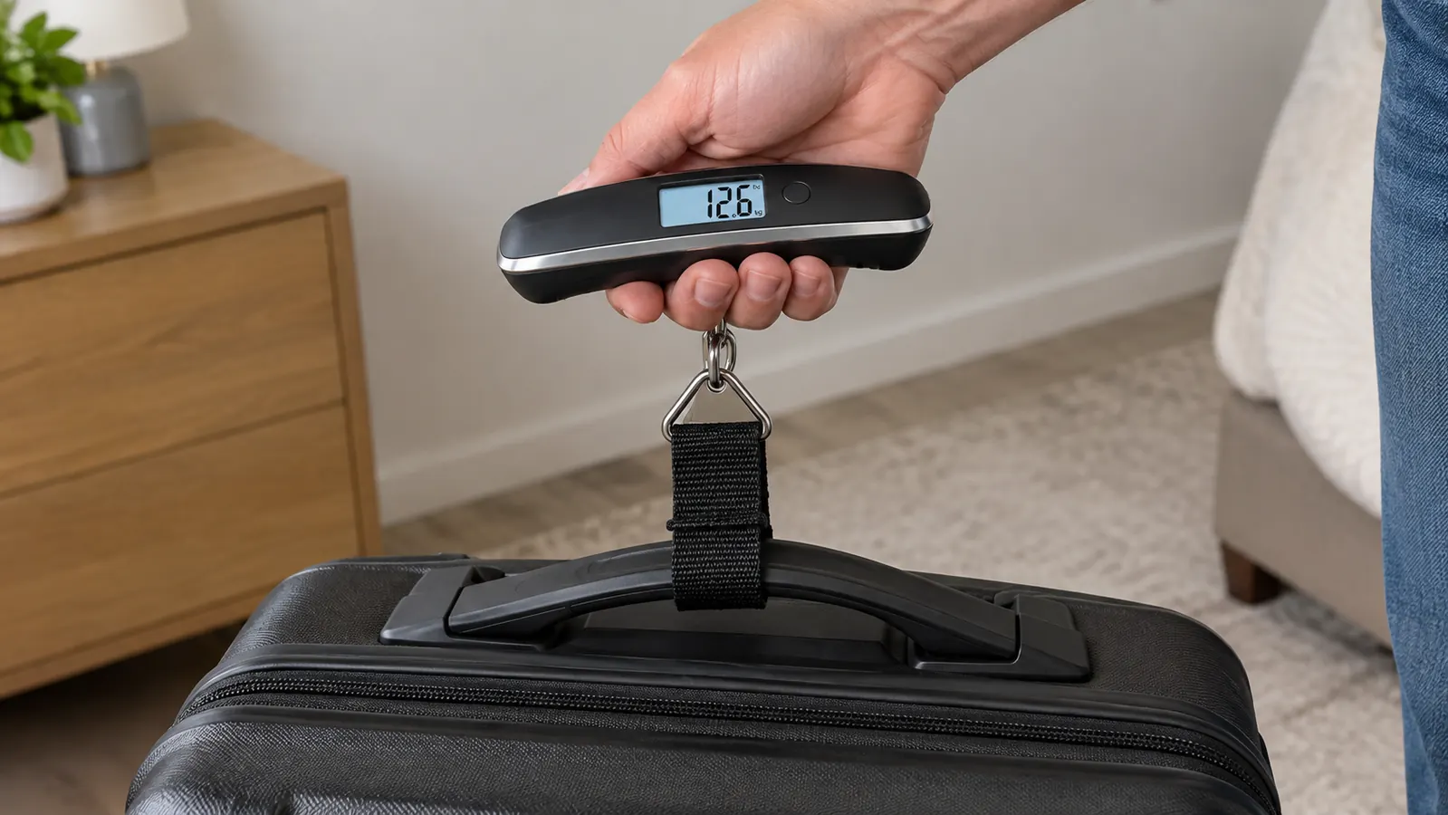 A close view of a hand lifting a suitcase by its handle with a small digital scale strapped on, the display showing a weight reading