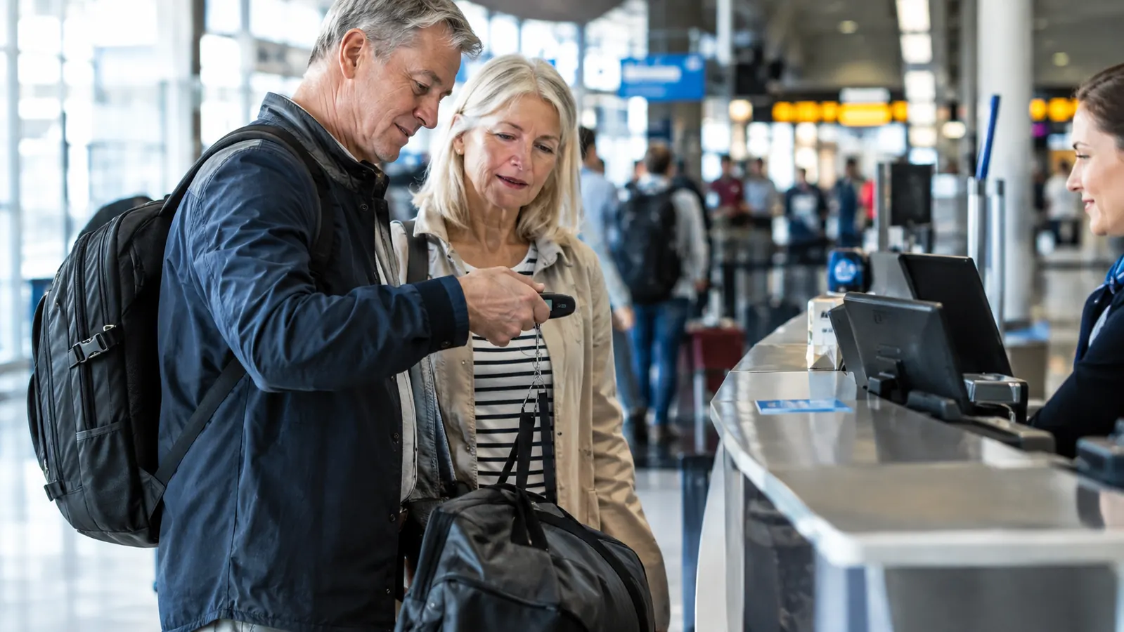 A couple in their sixties at an airport check-in counter, one of them holding a small digital scale, both smiling
