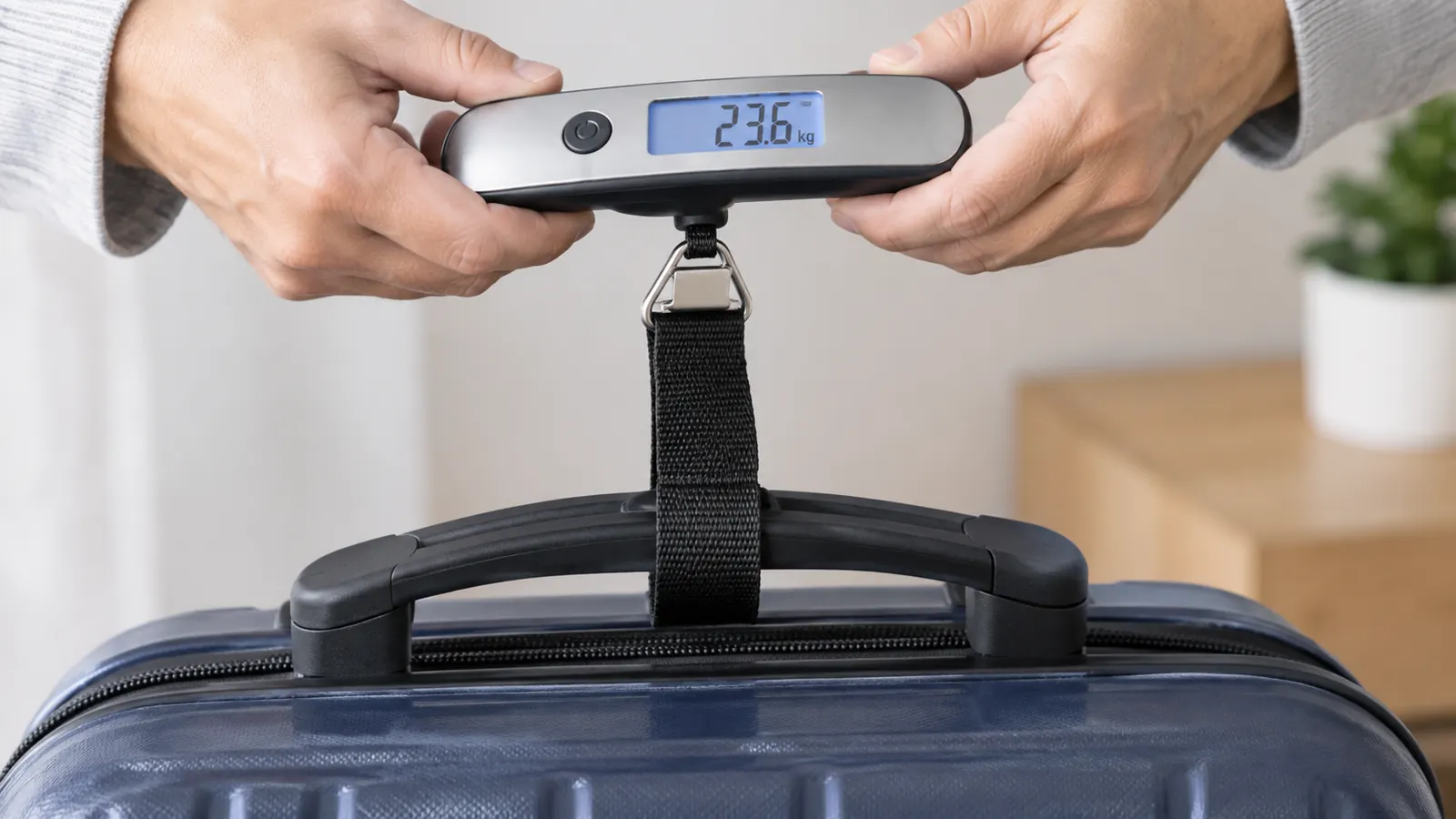 A close view of a small digital luggage scale with a strap wrapped around a suitcase handle, the display showing a weight reading