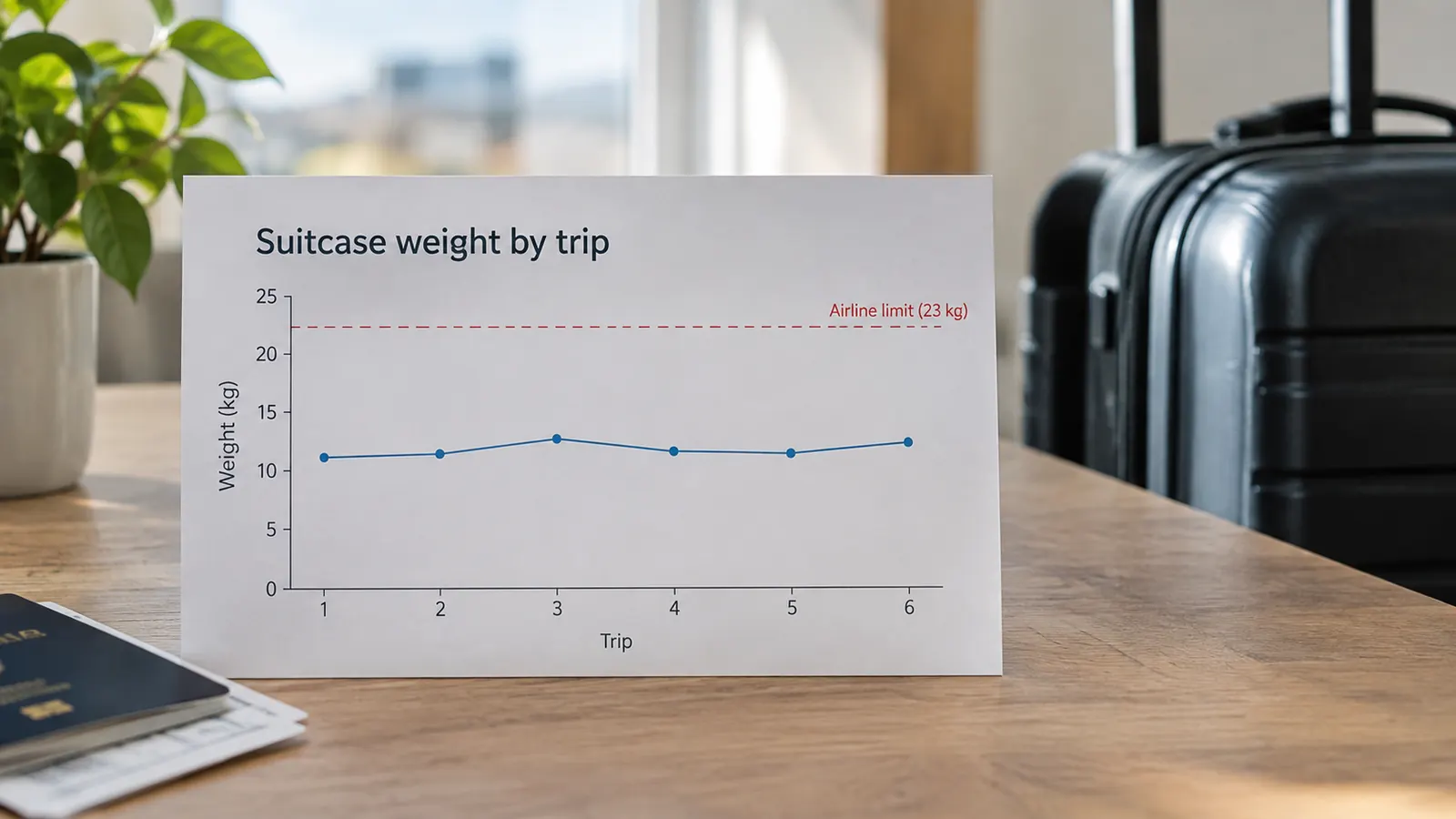 A simple line chart showing suitcase weight readings staying under an airline limit across several trips