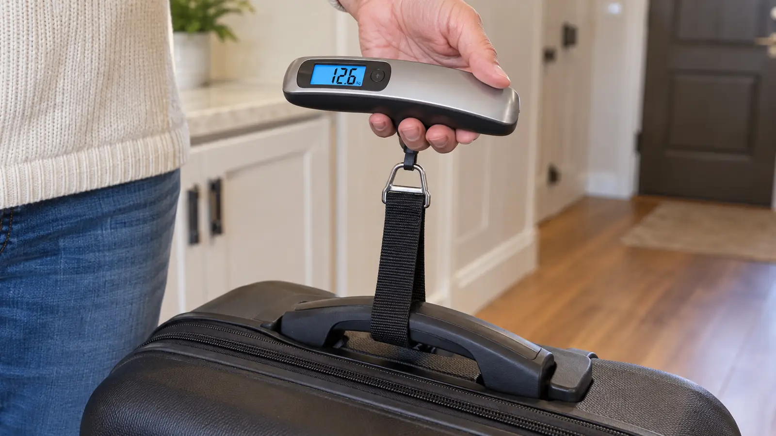 A hand holding a small digital luggage scale with its strap looped through a suitcase handle, the display showing a weight reading