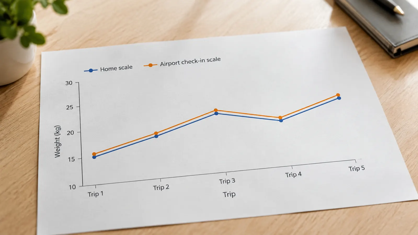 A simple line chart showing suitcase weight readings staying close to the airport check-in scale across several trips