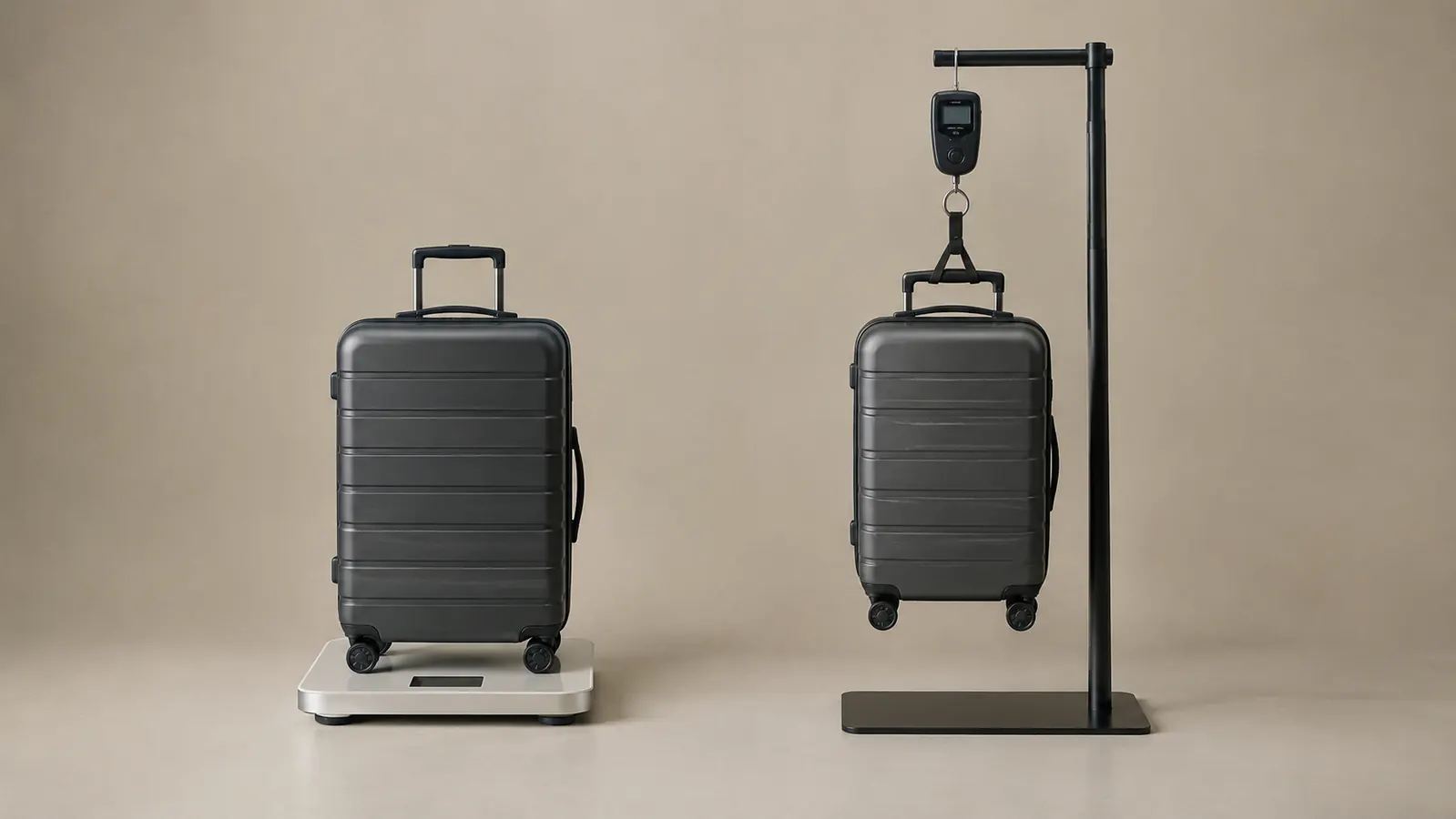 A simple illustration comparing a bathroom scale and a luggage scale, with a suitcase shown on each
