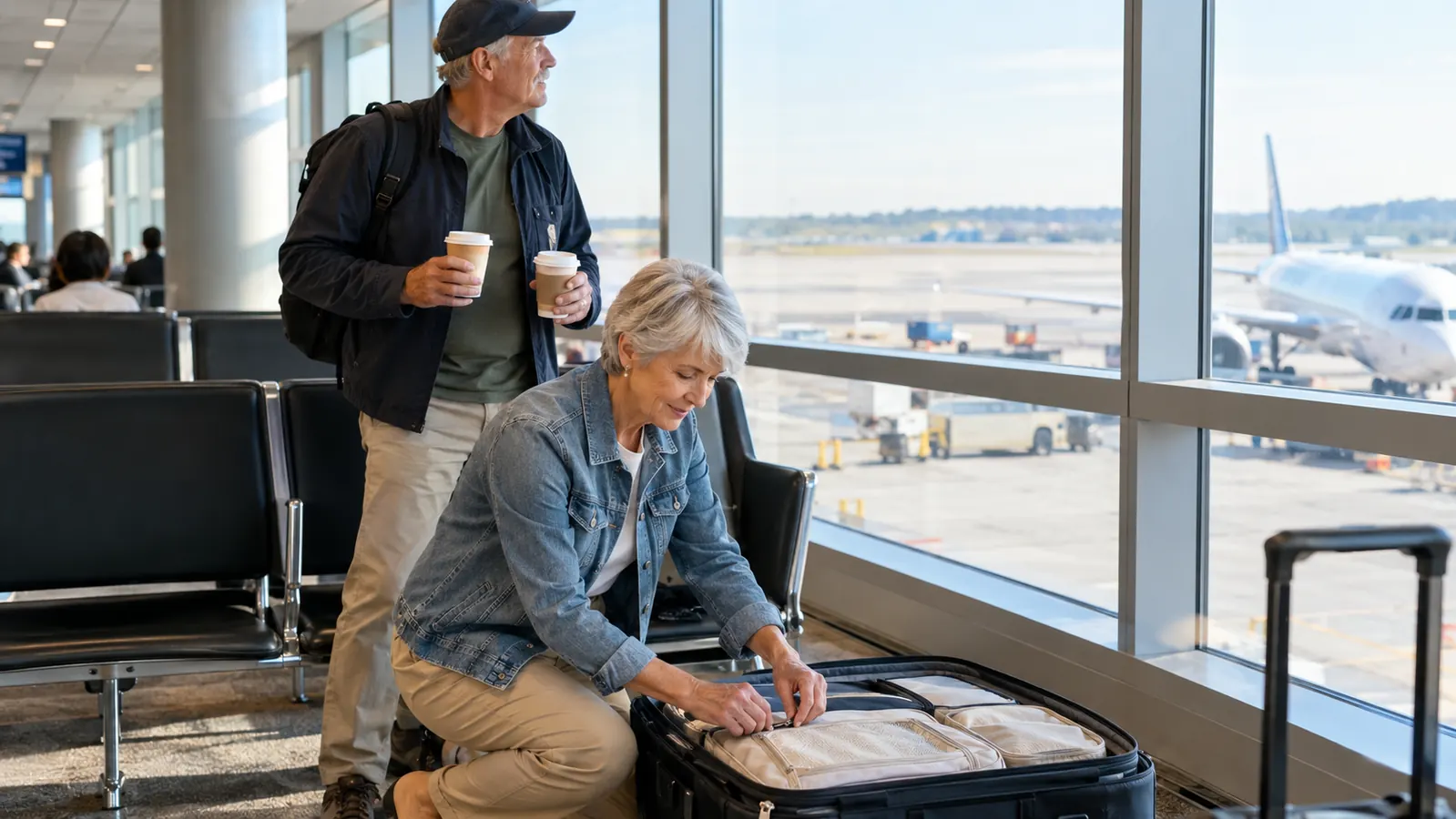 An older couple at an airport gate, the woman in her sixties zipping a neatly packed carry-on while her husband checks the departures board