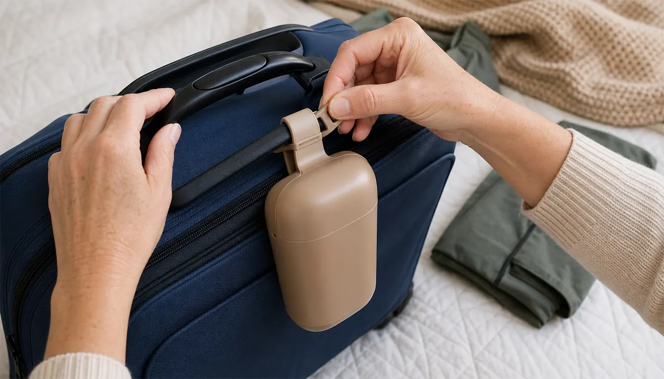 A hand looping the strap of a small digital luggage scale through the handle of a suitcase on a bed