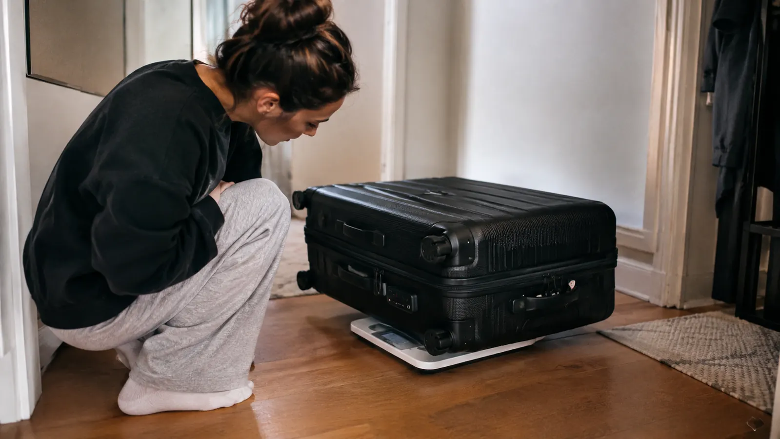 A packed suitcase sitting on a bathroom scale in a home hallway, with a person crouching to read the display
