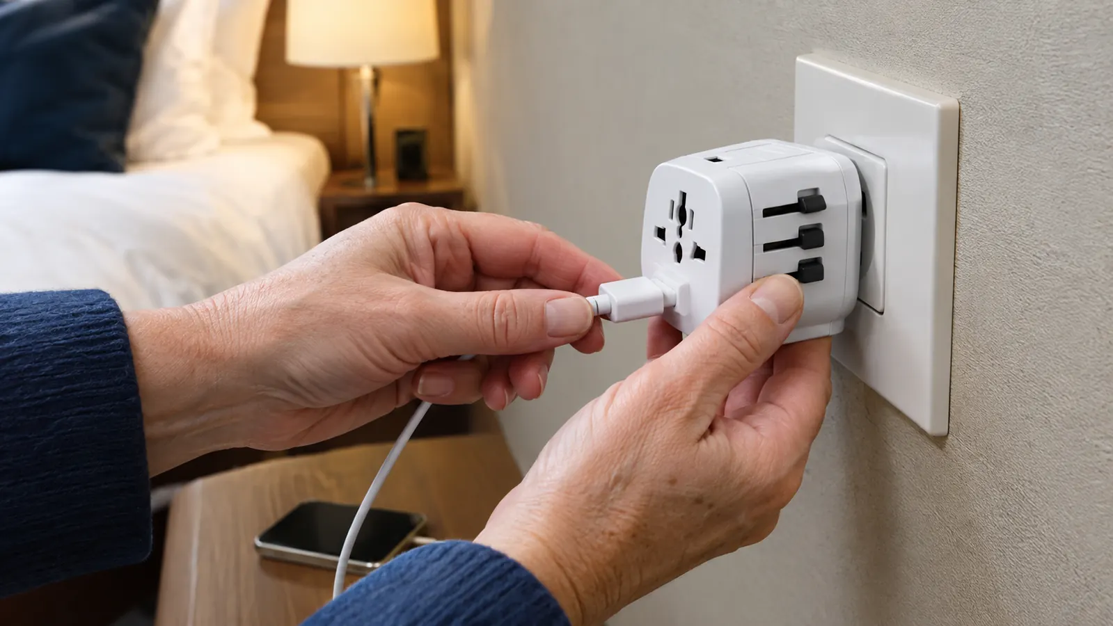 A hand plugging a universal travel adapter into a wall outlet in a hotel room, phone charging cable connected