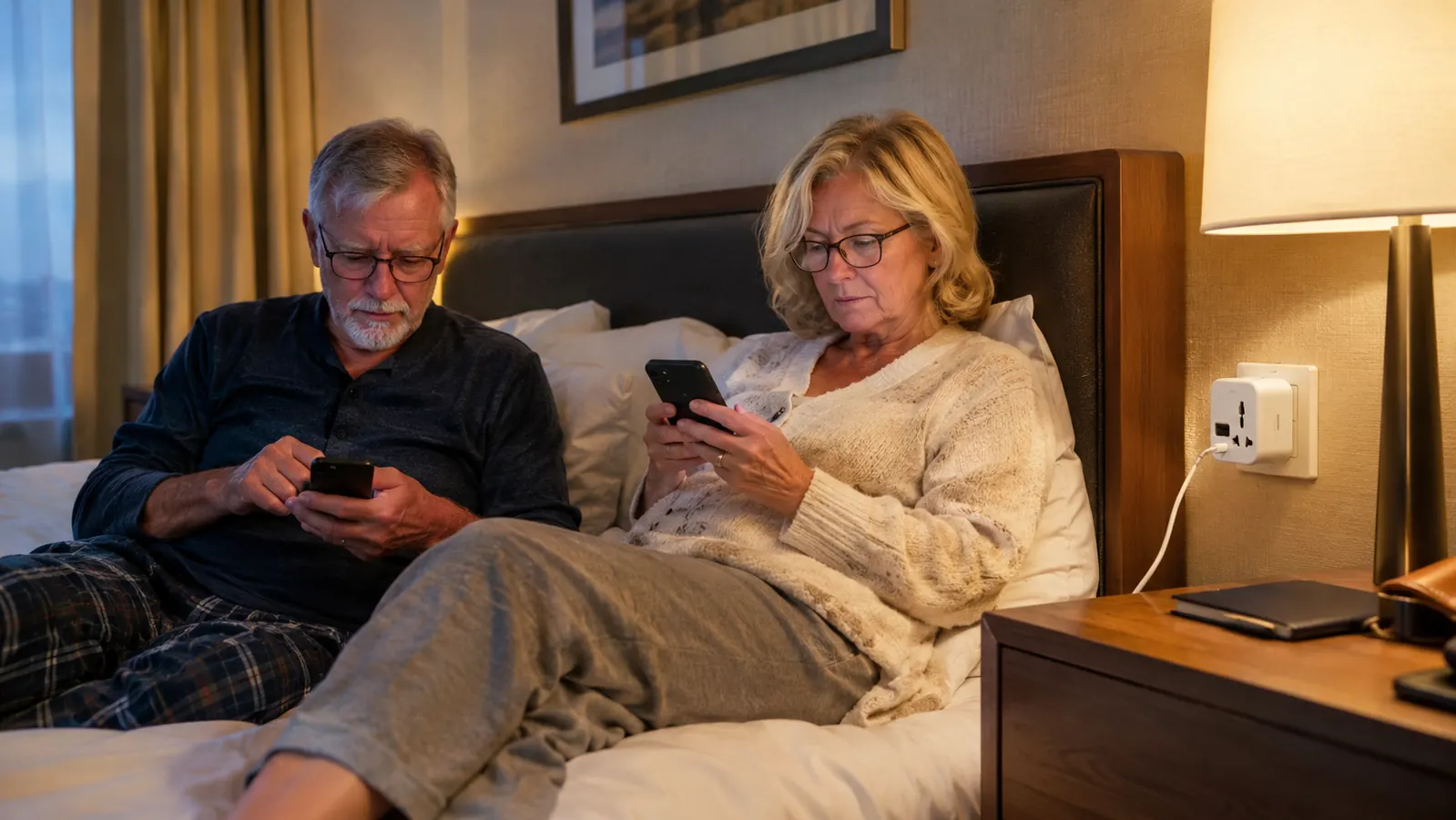 A couple in their sixties sitting on a hotel bed, both looking at their phones, a travel adapter plugged into the wall beside the nightstand