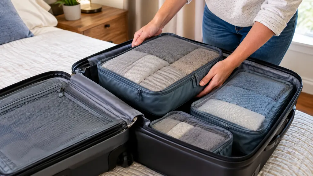 Hand placing a packing cube into an open carry-on suitcase on a bed