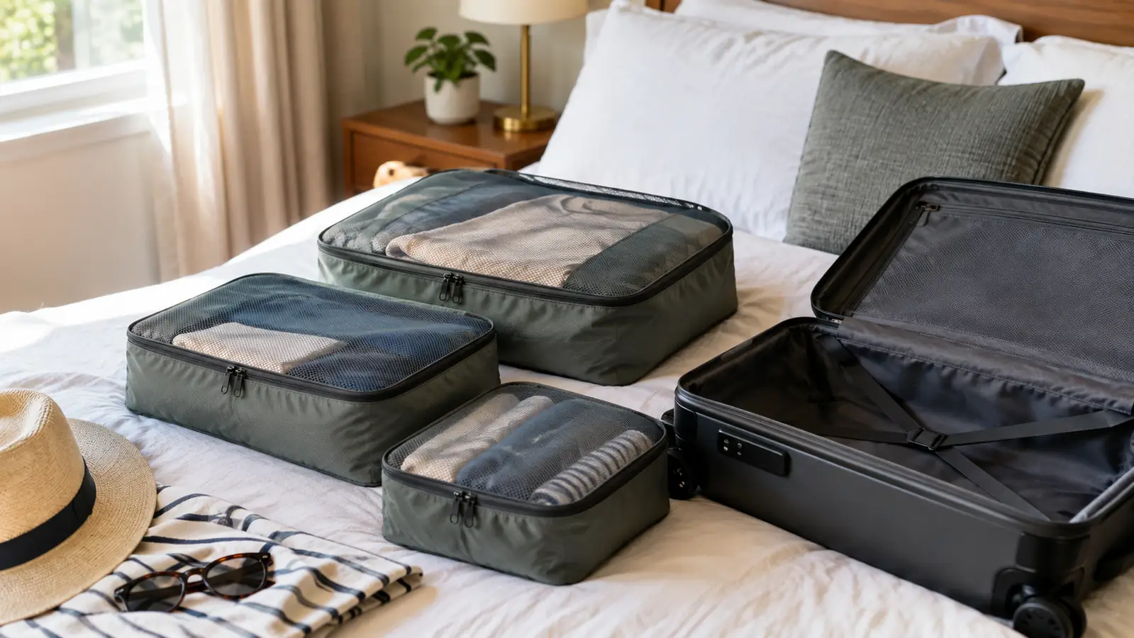 Packing cubes laid out on a bed in three sizes with a carry-on suitcase open beside them