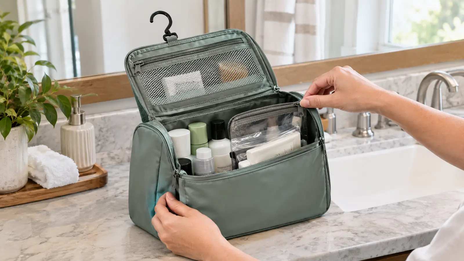 A hand unzipping a hanging toiletry bag on a bathroom counter, with bottles and a small pouch visible inside