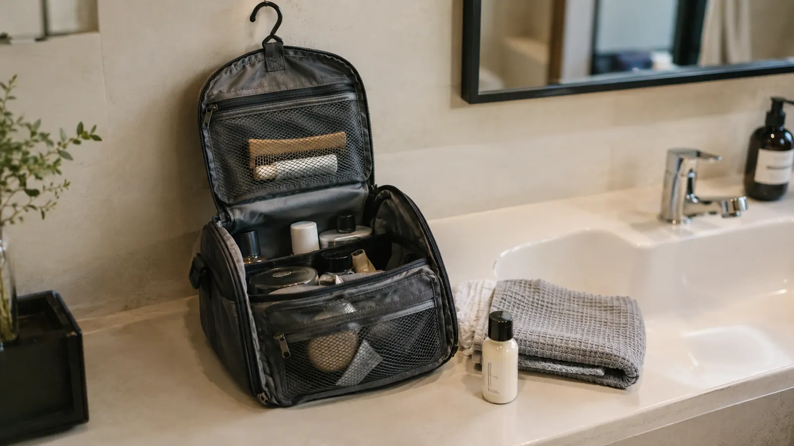 A hanging toiletry bag on a hotel bathroom counter next to a folded washcloth and a small travel bottle