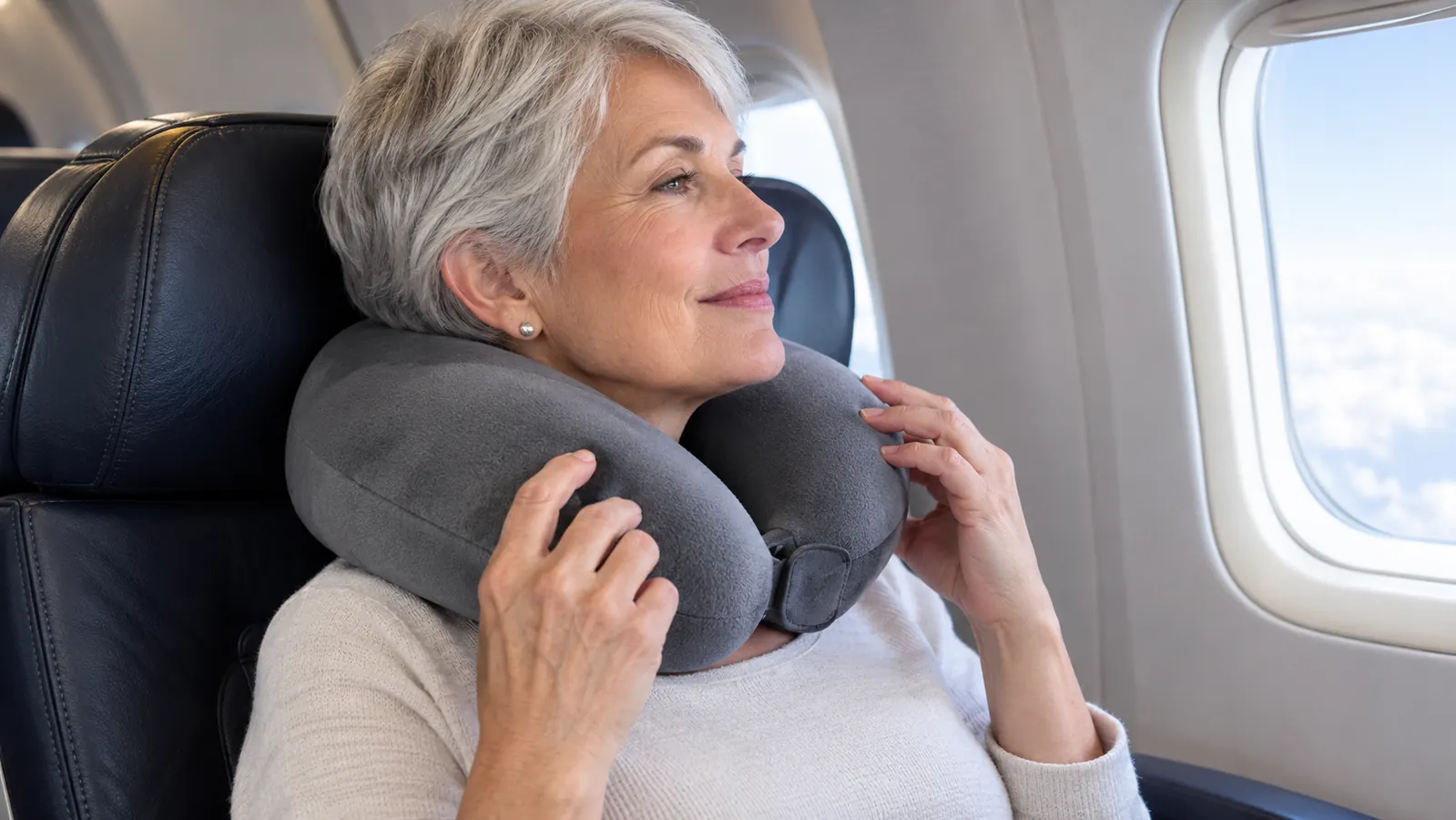 A hand adjusting a travel neck pillow around a person's neck before a flight