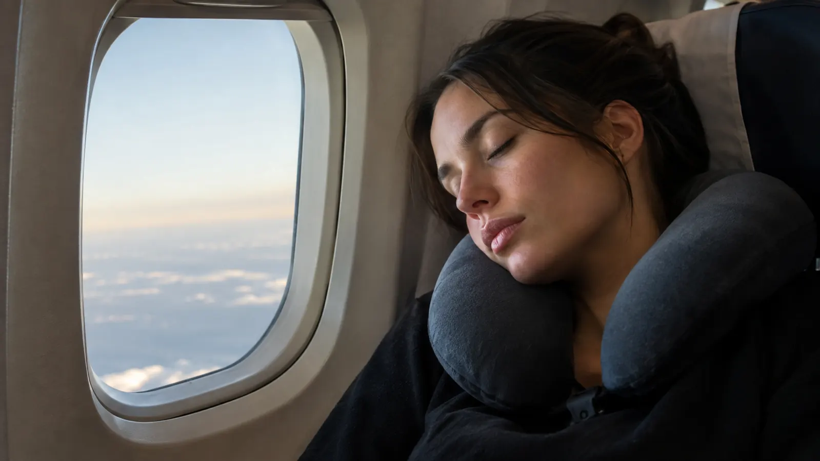 A traveler leaning against a window with a neck pillow, eyes closed, resting