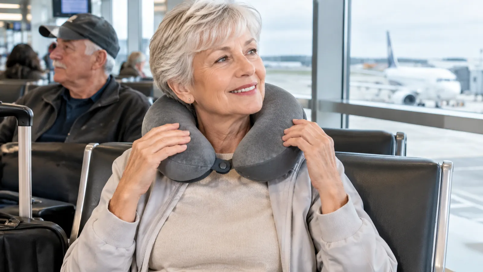 A hand adjusting a memory foam neck pillow around a traveler's neck in an airport terminal seat